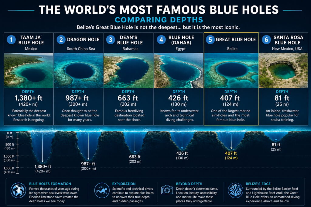 Infographic comparing the depths of the world's most famous blue holes including Belize's Great Blue Hole, Taam Ja', Dragon Hole, Dean's Blue Hole, Dahab Blue Hole, and Santa Rosa Blue Hole.