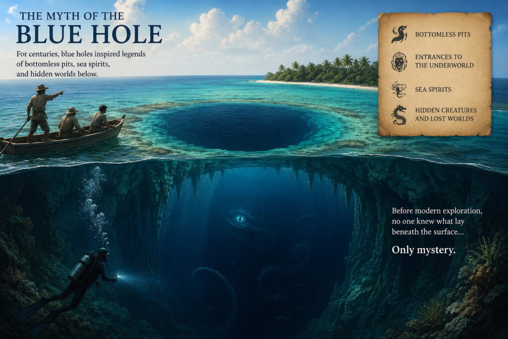 Illustration showing ancient myths surrounding blue holes, including legends of bottomless pits, sea spirits, hidden creatures, and underwater worlds beneath a giant blue hole.