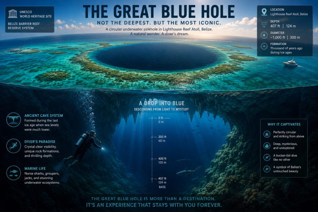 Infographic showing the Great Blue Hole in Belize with aerial and underwater views, including its 407-foot depth, ancient cave system, and location within Lighthouse Reef Atoll.