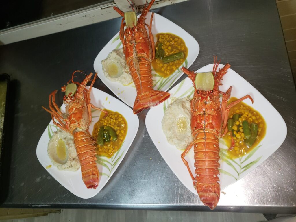 Fresh lobster dinner served at Itza Resort Lighthouse Reef Belize with local sides