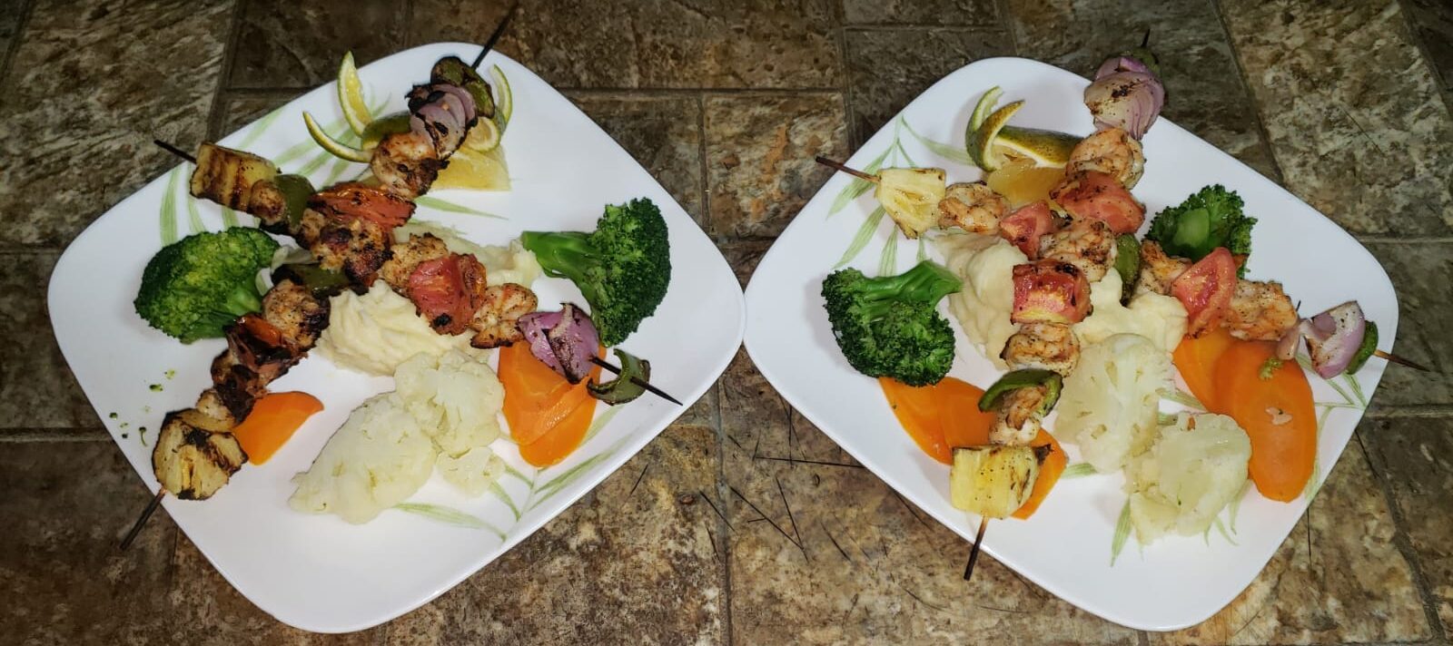 Fresh seafood skewers with vegetables served at Itza Resort on Lighthouse Reef Atoll Belize