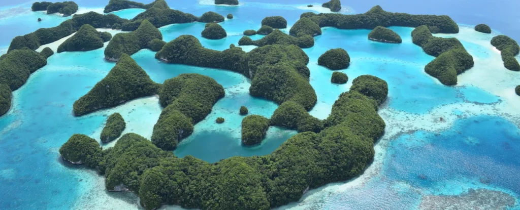 Aerial view of Palau in Micronesia, home to Blue Corner and some of the world’s best scuba diving