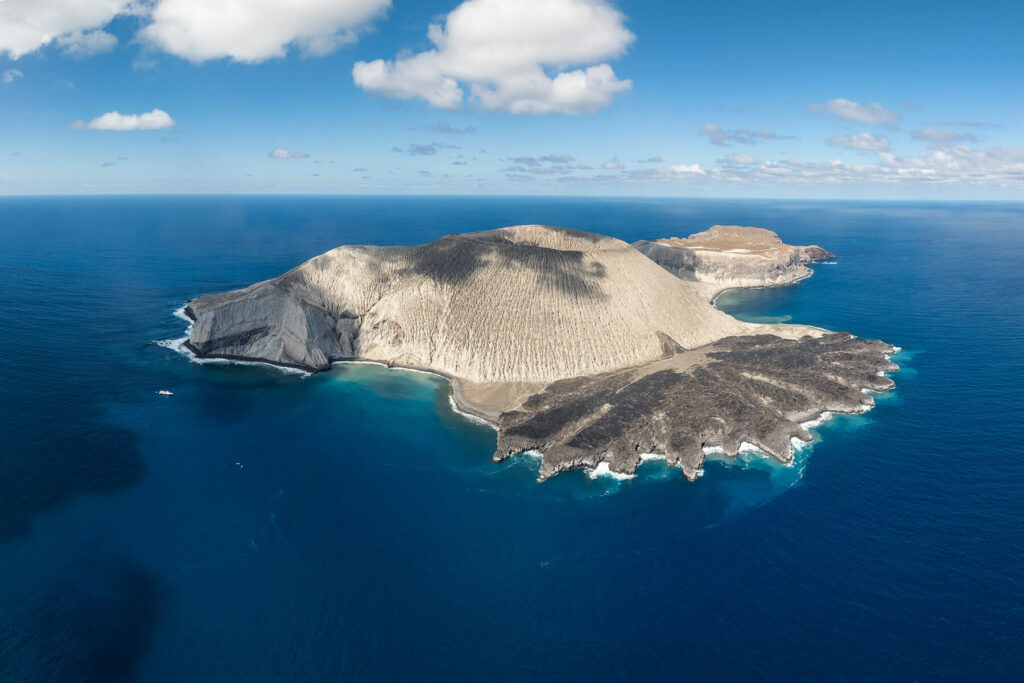 Aerial view of Socorro Island in Mexico, famous for giant manta ray diving and remote Pacific liveaboard expeditions