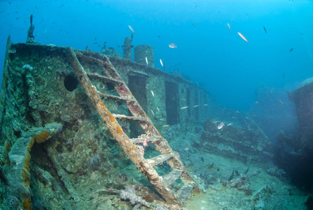 The SS Yongala wreck in Australia covered in coral and marine life underwater