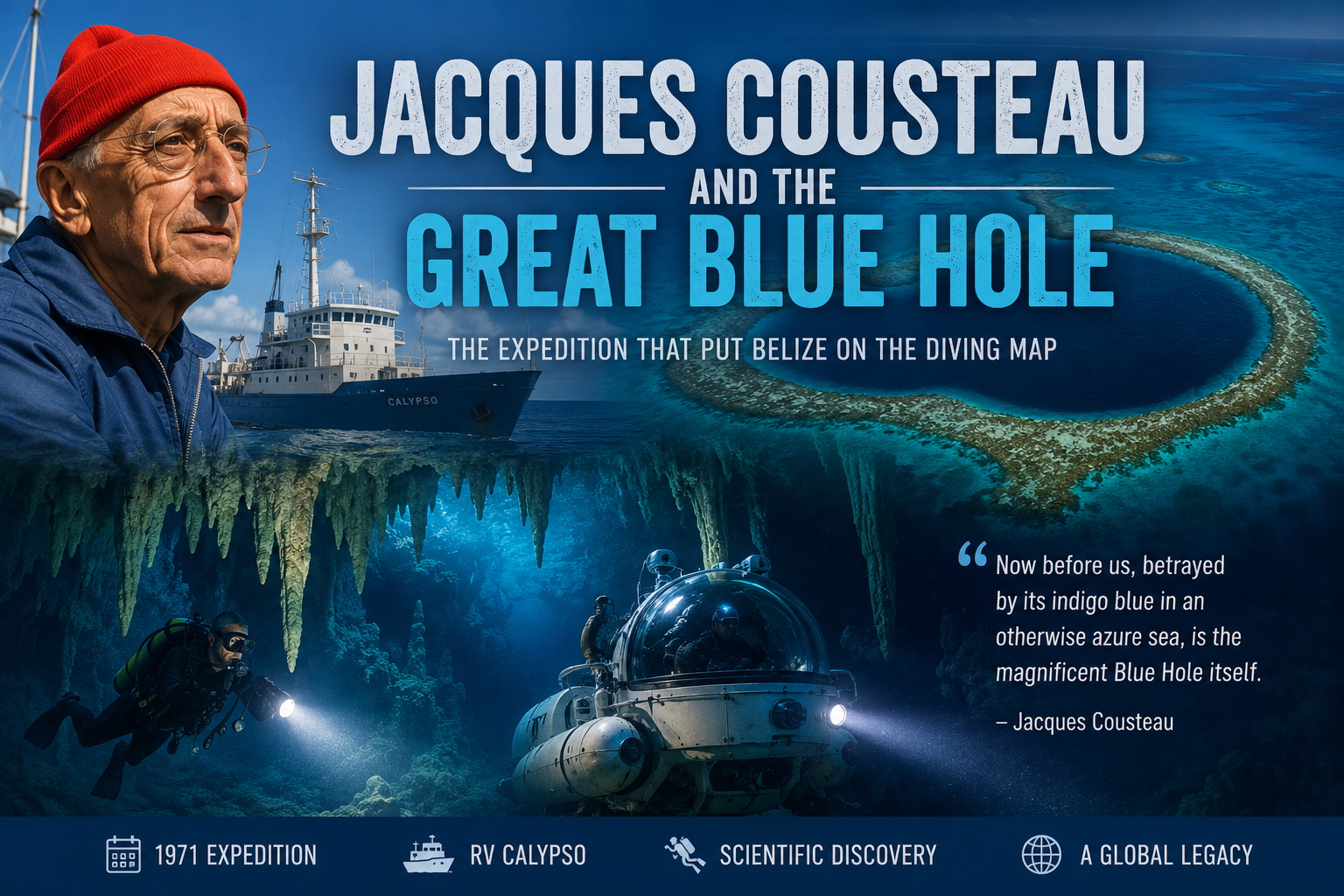 Illustration of Jacques Cousteau, the research vessel Calypso, and Belize's Great Blue Hole at Lighthouse Reef Atoll, highlighting the famous 1971 expedition that helped bring global attention to the Blue Hole.